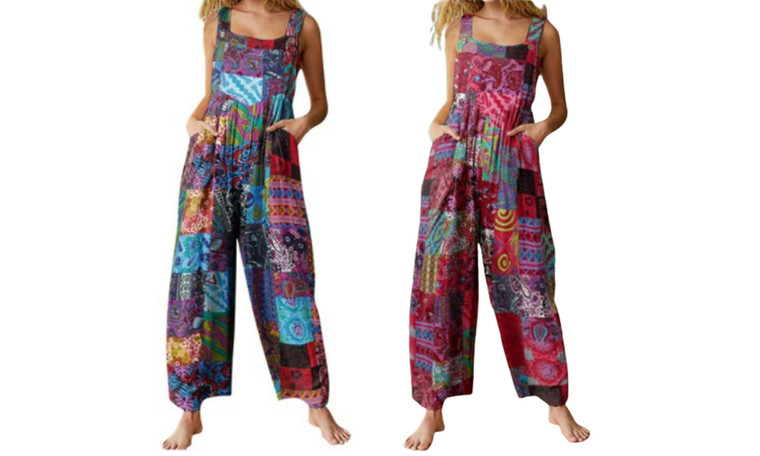 2304  NEW  Women's fashionable ethnic style patchwork retro printed button strap jumpsuit 6867