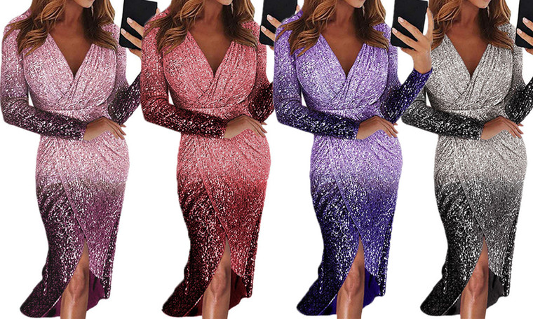 2305 NEW Women's Long Dress Evening Dress Long Sleeve Gradient Sequins 7024 LA