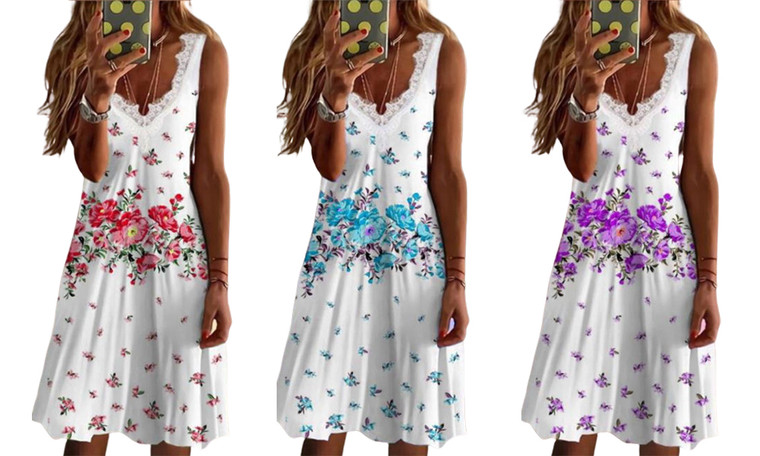  2305 NEW Summer V-neck lace sleeveless dress casual loose fitting dress beach wear gradient printed party dress 7035LA
