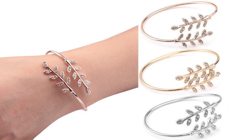  2305 NEW Full Diamond Symmetric Tree Leaf Set Diamond Open Bracelet Adjustable Metal Bracelet 7043LA