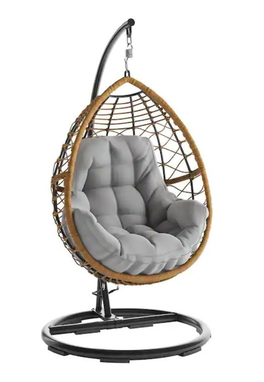 Hanging Lounge Chair, Egg Shaped Rattan Frame With Comfortable Plush Cushion