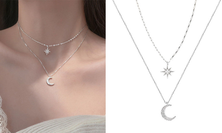 2305 NEW Sparkling Diamond Starlight Moon Double Layer Necklace Female Clavicle Chain 7069 LA