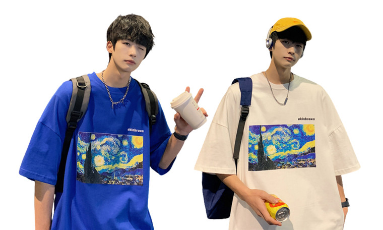 2305 NEW Top Van Gogh Starry Sky Oil Painting Pure Cotton Short Sleeve 7079LA