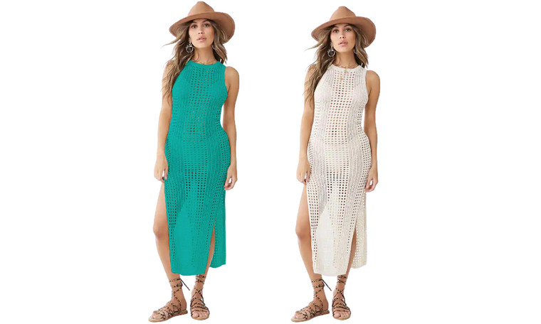 2305 NEW Women's beach blouse knitted solid color hollowed out long skirt 7149LA