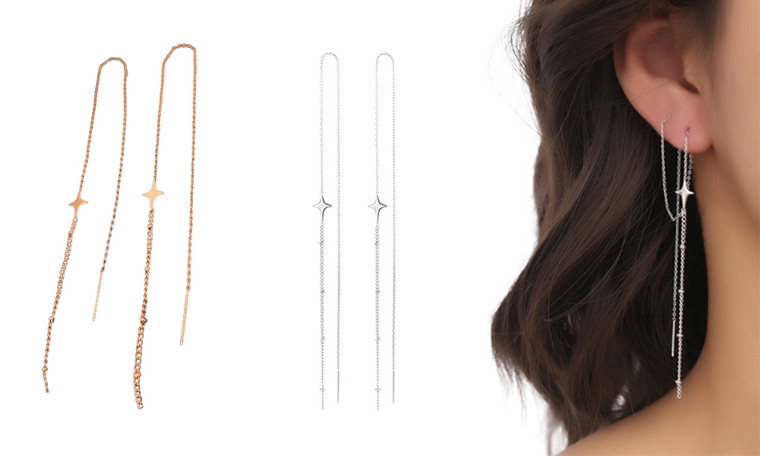 2306 NEW Silver Needle Four Star Earrings Long Earline 7496LA