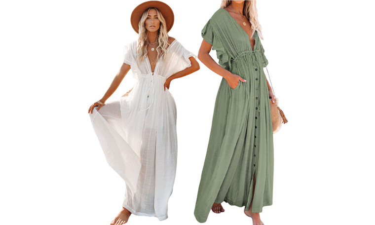 2307 NEW Solid color cover up sun protection beach breasted long dress 7503LA
