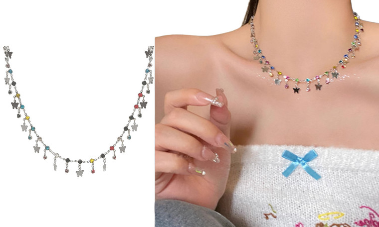 2307 NEW Women's colorful butterfly zircon necklace collarbone chain 7506LA