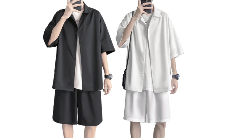 2307 NEW Summer shirt men's two-piece ice silk short sleeved set 7375