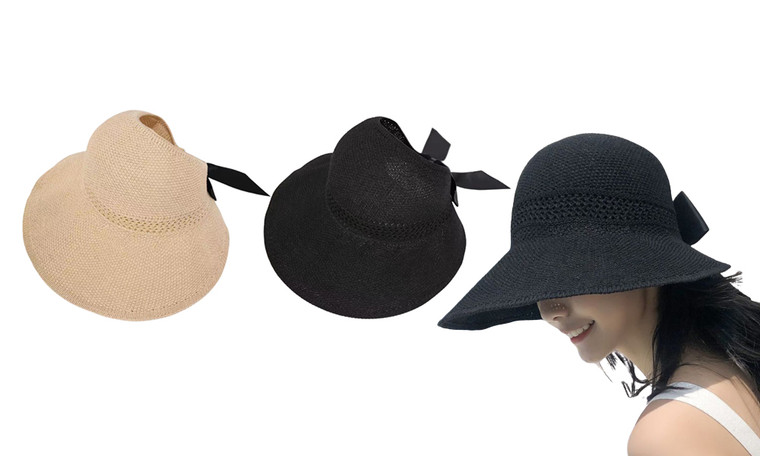 2307 NEW Summer woven foldable top hat with a bow and hollowed out sun hat 7540