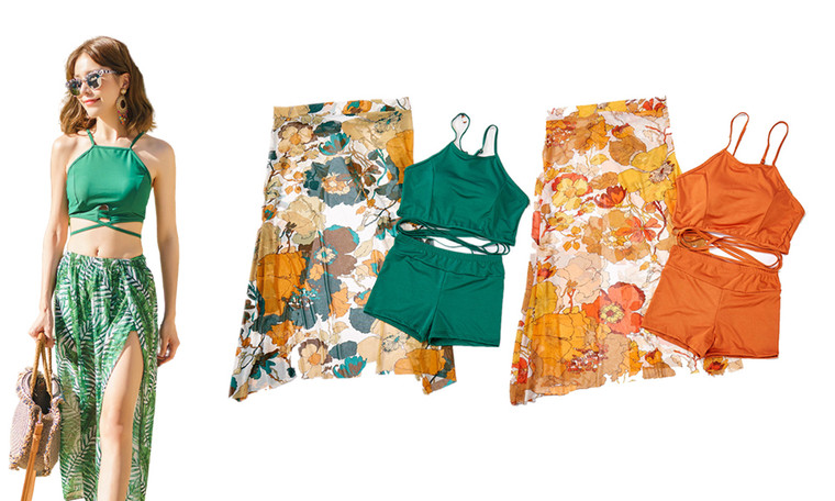 2307 NEW Split boxer swimsuit three piece set with wrap skirt 7544LA