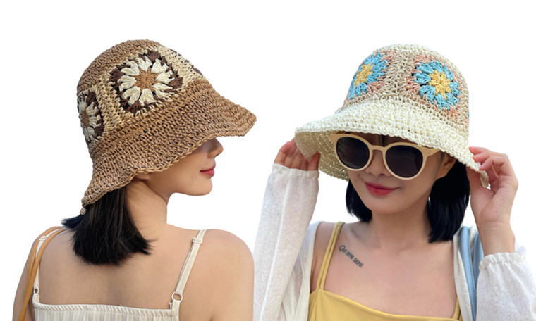 2307 NEW Summer sun shading and sunscreen straw flower patchwork sun hat Bucket hat 7543LA