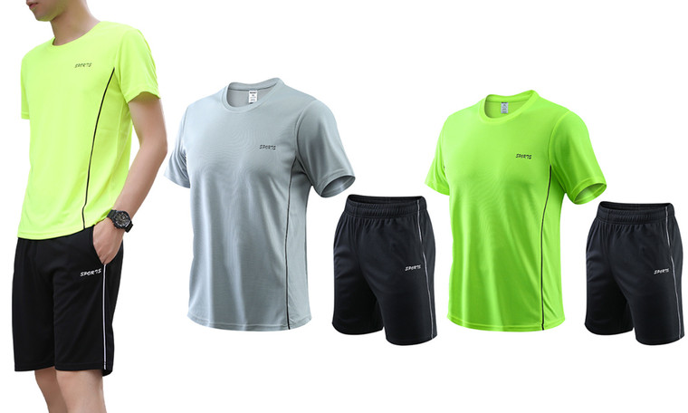 2307 NEW Men's summer ice silk breathable sports two-piece T-shirt quick drying shorts  7396