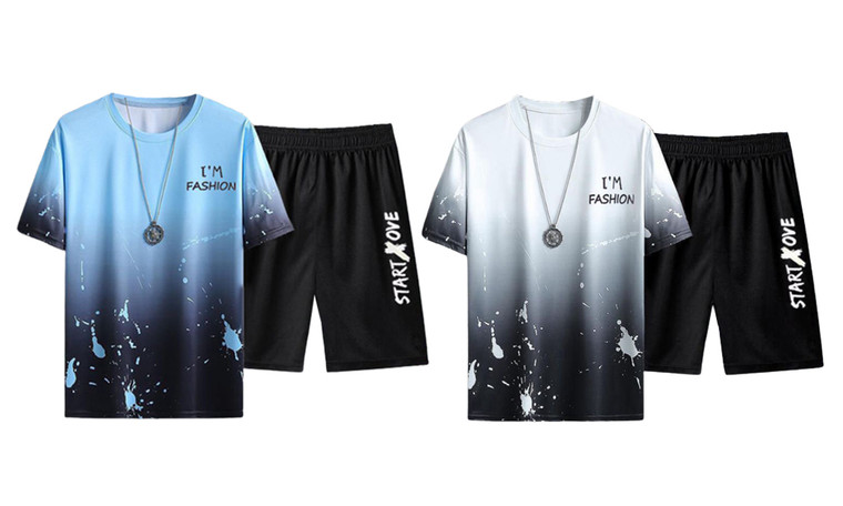 2307 NEW Summer men's casual sports suit shorts top two piece loose ice silk gradient short sleeves 7580LA