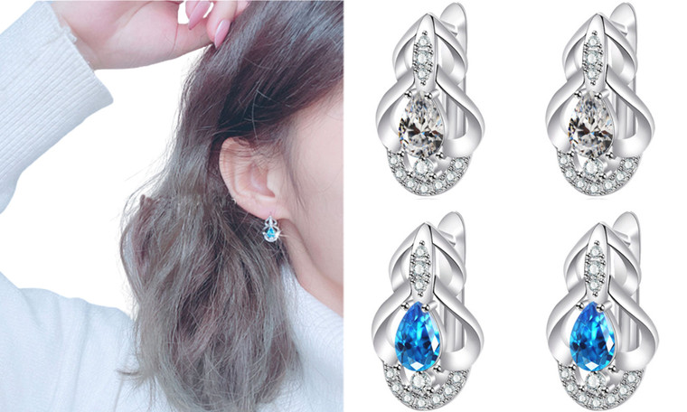 2307 NEW Blue Zircon Water Drops Love Ear Buckle 7589LA