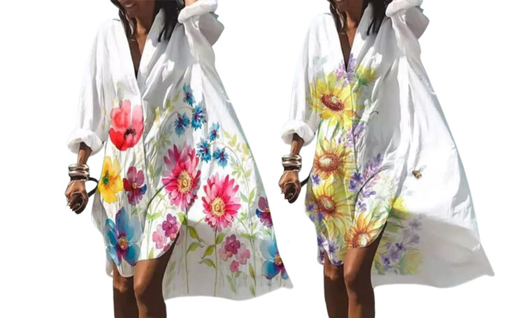 2307 NEW Casual loose lapel mid length shirt dress 7590LA