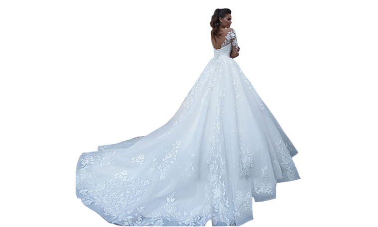 2307 NEW Wedding Dress Big Tail Retro Sexy Sheer V-Neck Long Sleeve 7607