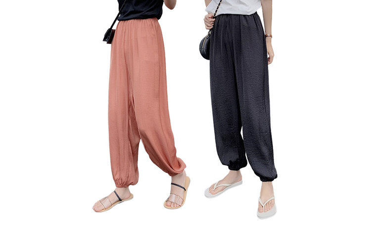 2308 NEW Satin loose fitting high waist draped leggings with ice silk casual pants 7812LA