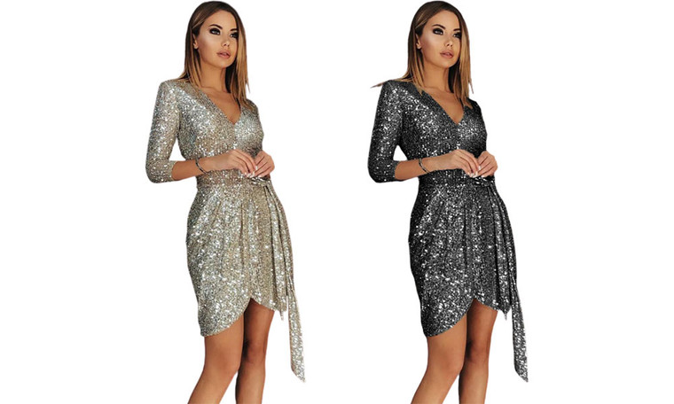 2308 NEW   Sequin V-neck Lace up Cocktail dress   7615