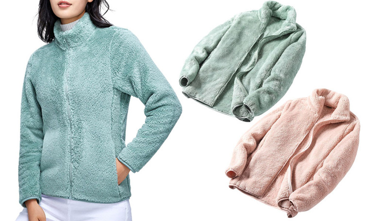 2308 NEW Women's Autumn/Winter Solid Color Double Sided Coral Fleece Chain High Neck Coat 7868LA