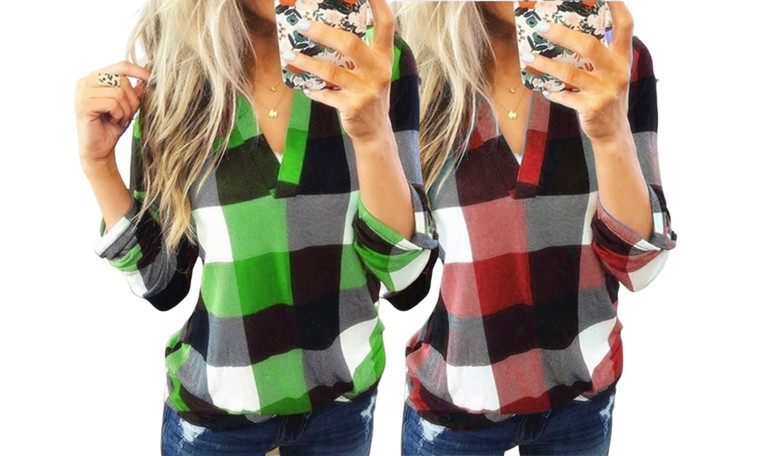 2308 NEW Women's Spring and Autumn Shirt Plaid Printed V-Neck Long Sleeve Top 7883LA