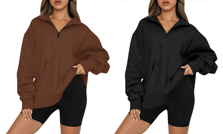 2308 NEW Women's Pocket Sweater Half Zip Pullover Long Sleeve Top 7890LA