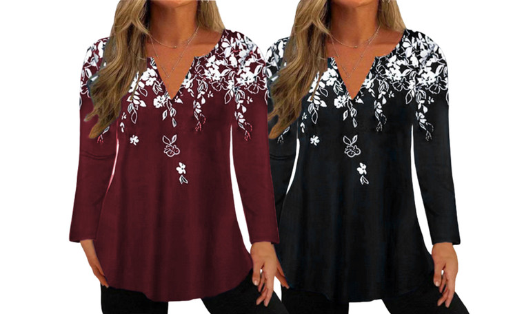 2308 NEW Women's floral print V-neck long sleeved T-shirt top 7891LA