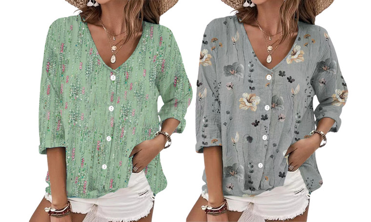 2308 NEW  Women's V-neck button chiffon printed cardigan with long sleeves 7930LA