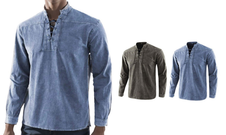 2308 NEW Men's Solid Vintage Lace up Standing Neck Loose Casual Shirt 7978LA