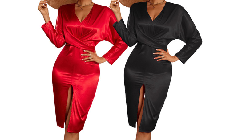 2308 NEW Women's long sleeved dress with a split hem and waistband 7996LA