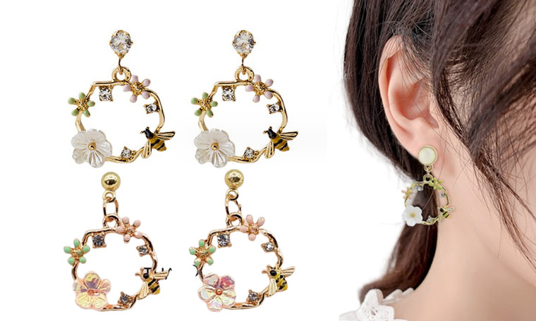 2309 NEW Sparkling Diamond Bee Circle Flower Ring Earrings  8118 la