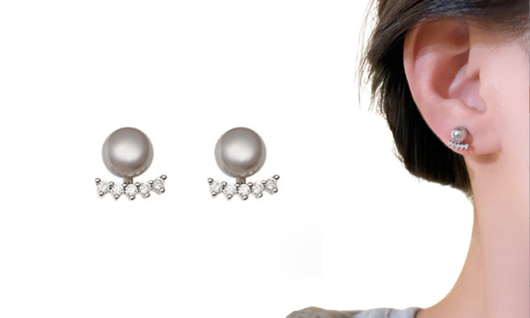 2309 NEW Silver Needle Zircon Imitation Pearl Earrings Silver Grey Small Bean Earrings 8135 la