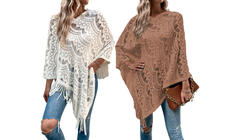 2309 NEW Autumn and Winter Knitted Hollow Irregular Tassel Pullover Cape Shawl 8158 la