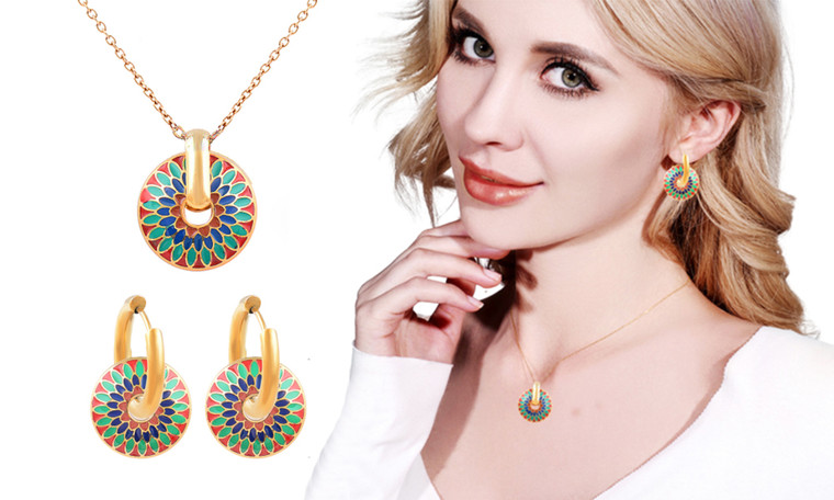 2309 NEW Colored oil dripping daisy patterned titanium steel necklace earring set 8170la