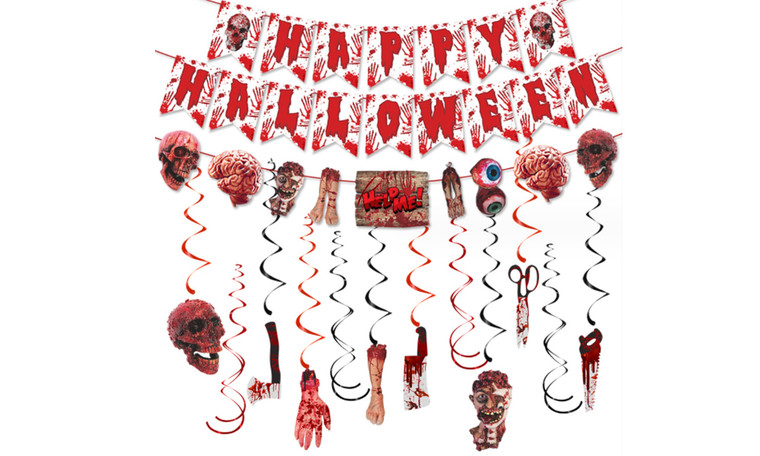 2309 NEW Halloween Party Decoration Skeleton Flag Spiral Hanger Blood Stains Knife Cake Edge Insertion 8208 la