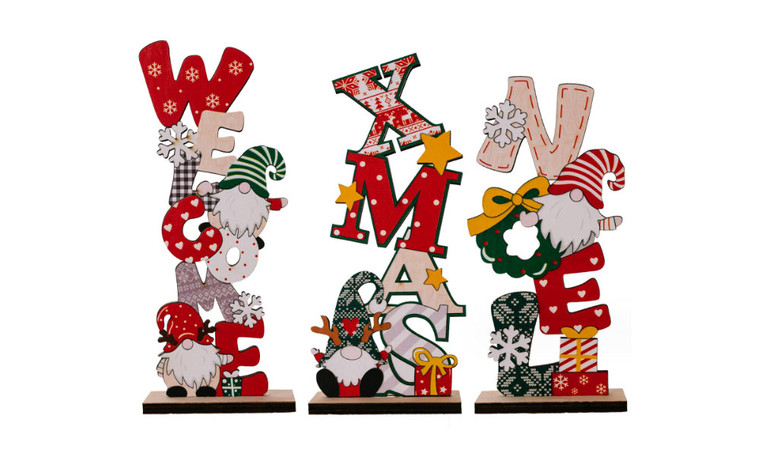 2311 NEW 3PC Christmas desktop decorations, wooden dwarf vertical letter ornaments 8296LA