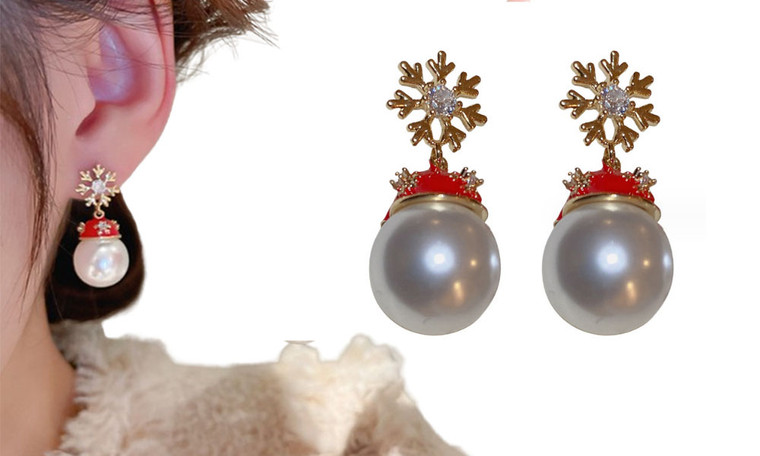 2311 NEW Snowflake Red Christmas Hat Pearl Earrings 8336LA