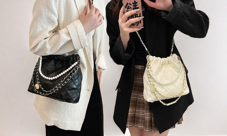 2404 Diamond plaid pleated drawstring pearl beaded chain women's bag with personalized solid color shoulder bag 8423