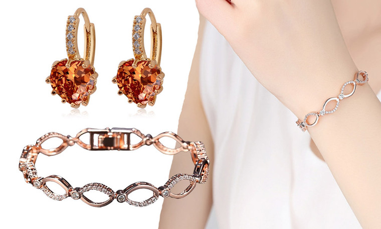 2404 Minimalist Hollow Elliptical Bracelet with Zircon Earrings and Peach Heart Multi color Earring Set 8433LA