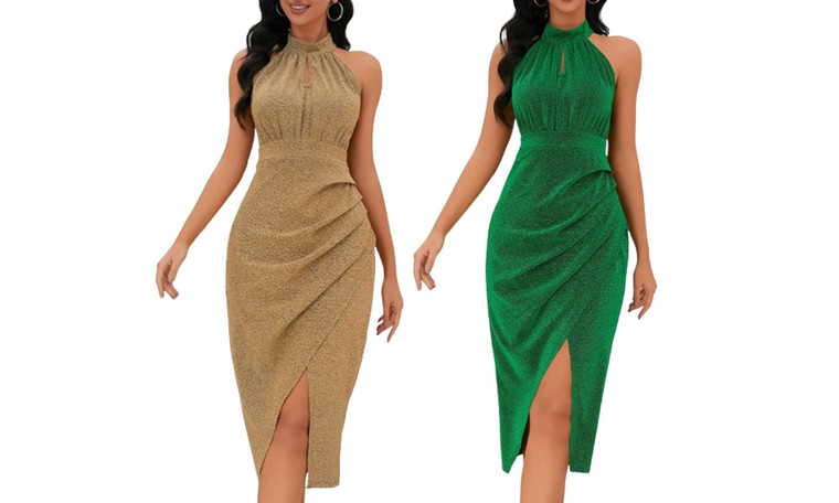 2404 Sparkling stand up collar hanging neck dress, slim fitting sexy slit irregular dress 8438LA