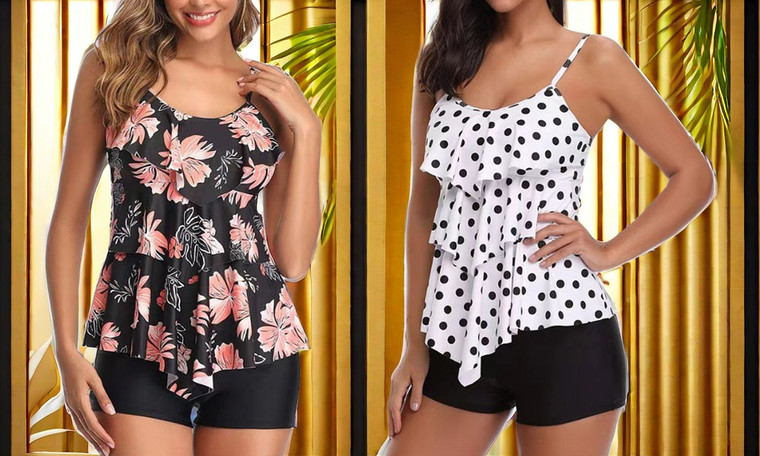 NEW  Women 2 Piece Swimsuits Flounce Printed Top with shorts Swimwear Bathing Suit   8506