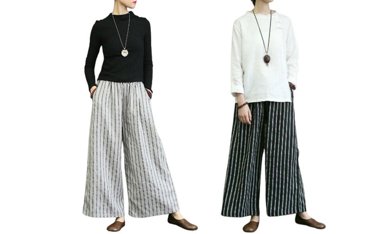 2405 Retro cotton and linen striped wide leg pants for women to look slim and drape, casual straight leg cropped pants for summer 8454LA