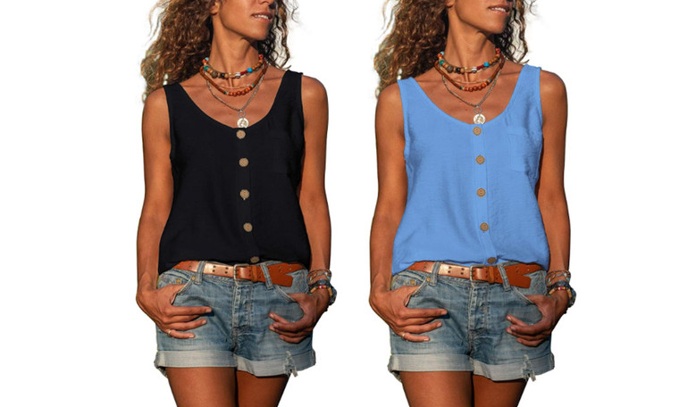 2405 NEW Women's solid color V-neck button up vest shirt sleeveless pocket shirt for women 8476LA