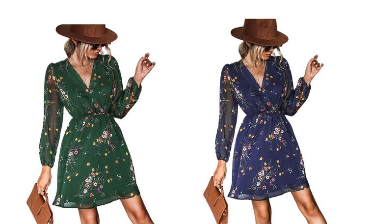 2406 NEW V-neck elegant chiffon printed floral dress 8627LA