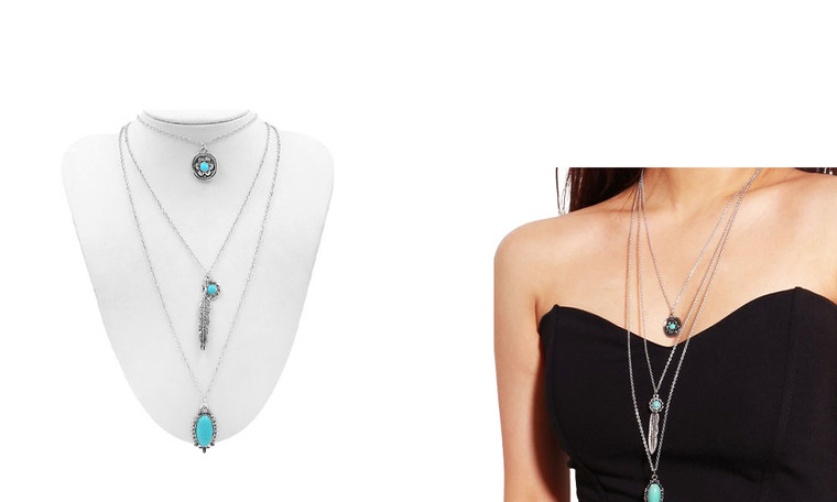 2406 NEW Vintage ethnic style multi-layer turquoise feather pendant, long and short set necklace LA8649