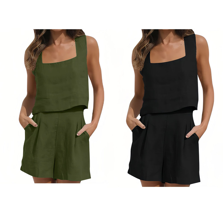 2407 NEW Linen shorts sleeveless top vest women's casual 2-piece set LA8683