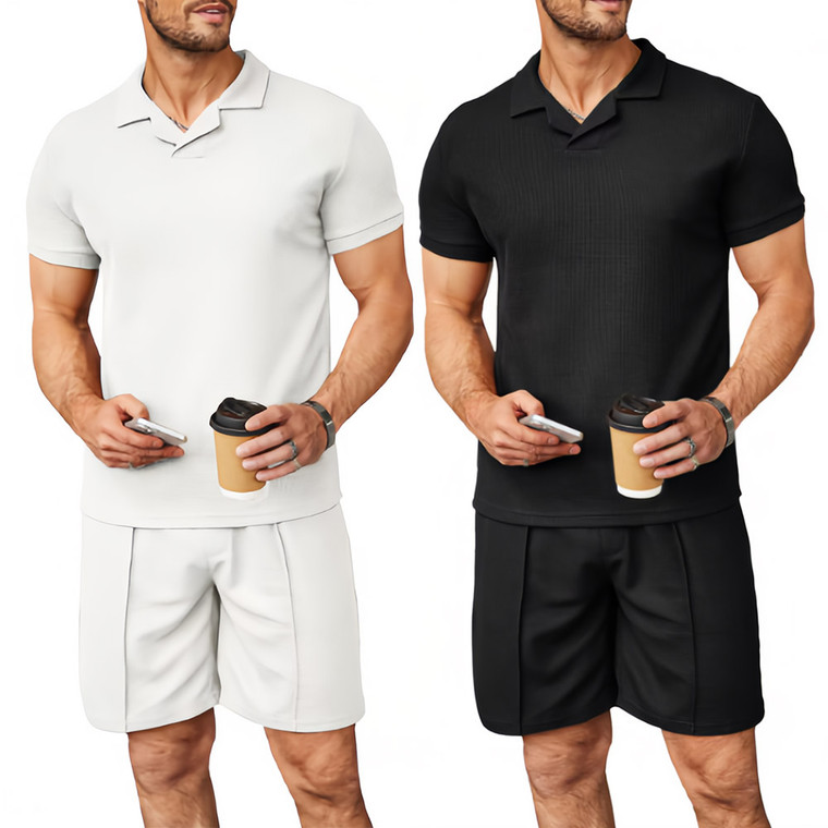 2407 NEW Sports suit men's V-neck polo shirt, flip collar short sleeved shorts 2-piece set, casual men's suit 8821LA