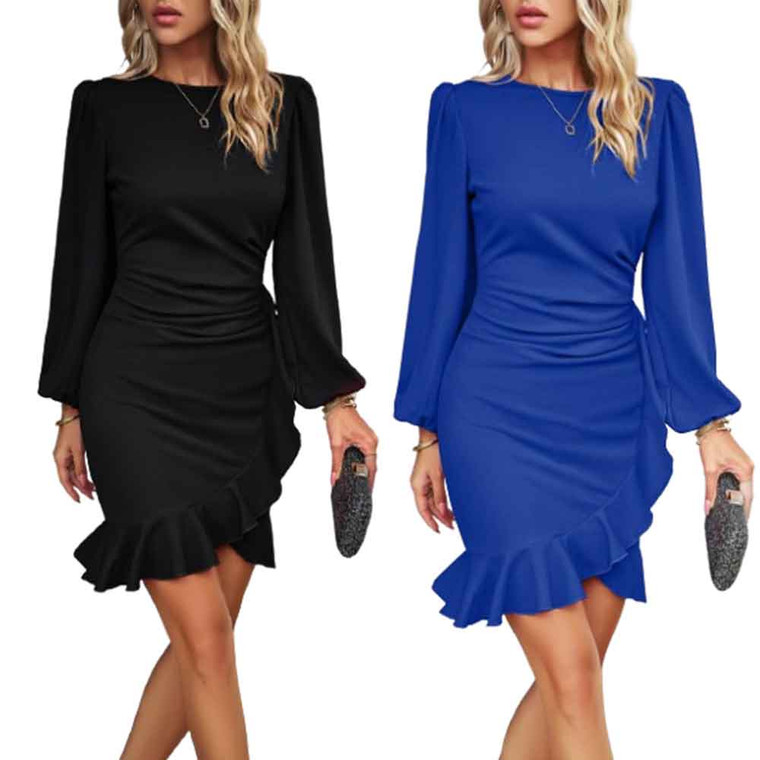 2409NEW-Chic Puff Sleeve Solid Hip Dress 8750