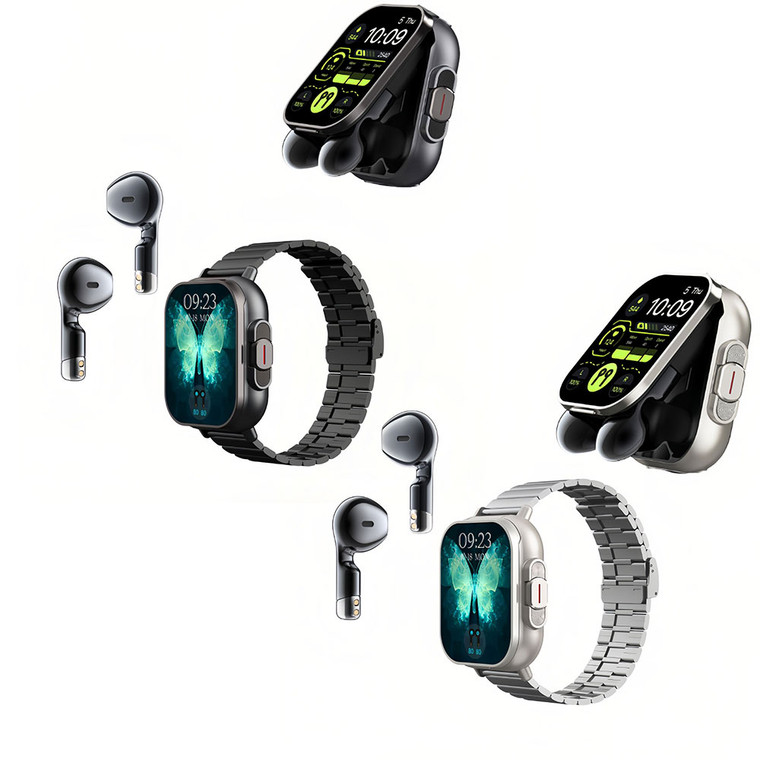 NEW  2502   2-in-1 Steel belt Wireless Bluetooth Watch  & Earphones Set - 2 Options  9034