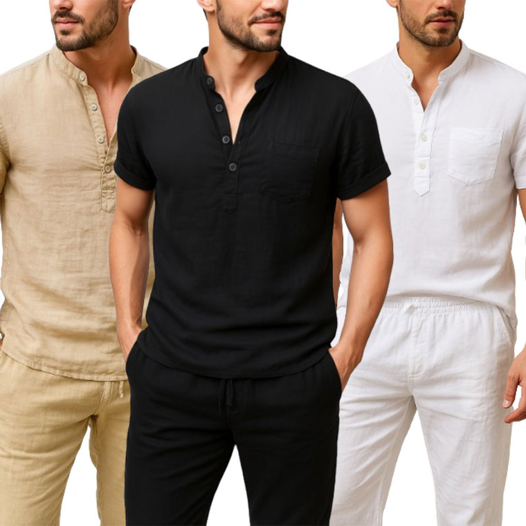 NEW  2503 Summer Men's T-Shirt Stand Collar Button Trousers Set 9048