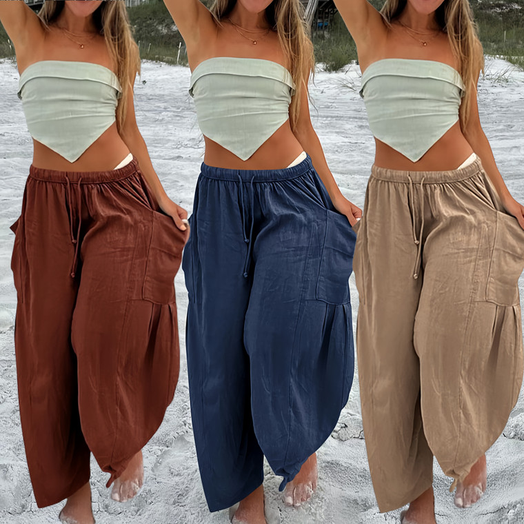 NEW  2505  Summer  Womens Linen Wide Leg Pants Loose Drawstring Beach Pants with Pockets   9622
